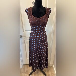 NWOT Brown & Blue Polka Dot Satin and Lace Dress - XS